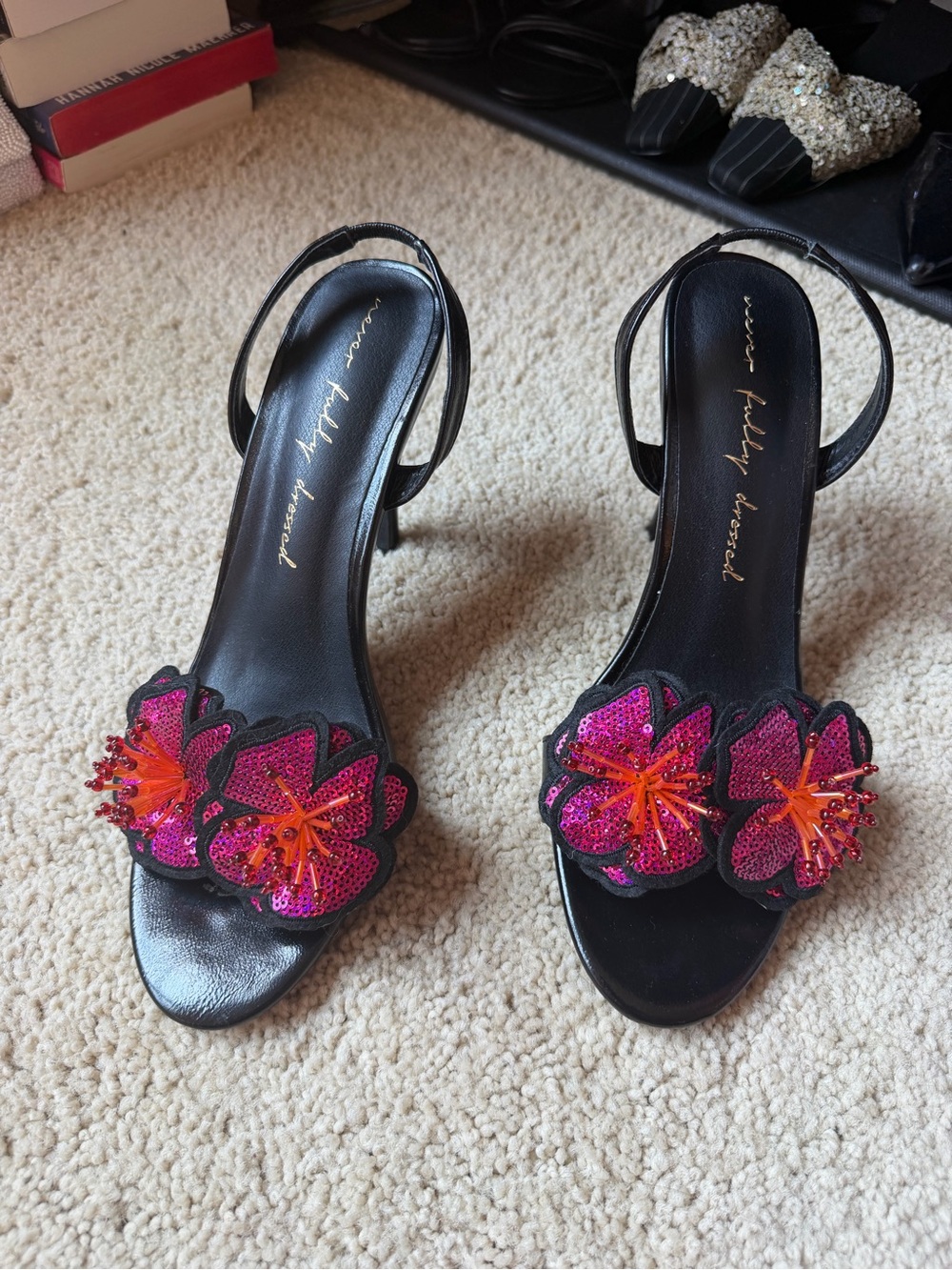 Never Fully Dressed Black Slingback Sandals with Pink and Orange Sequin Flowers
